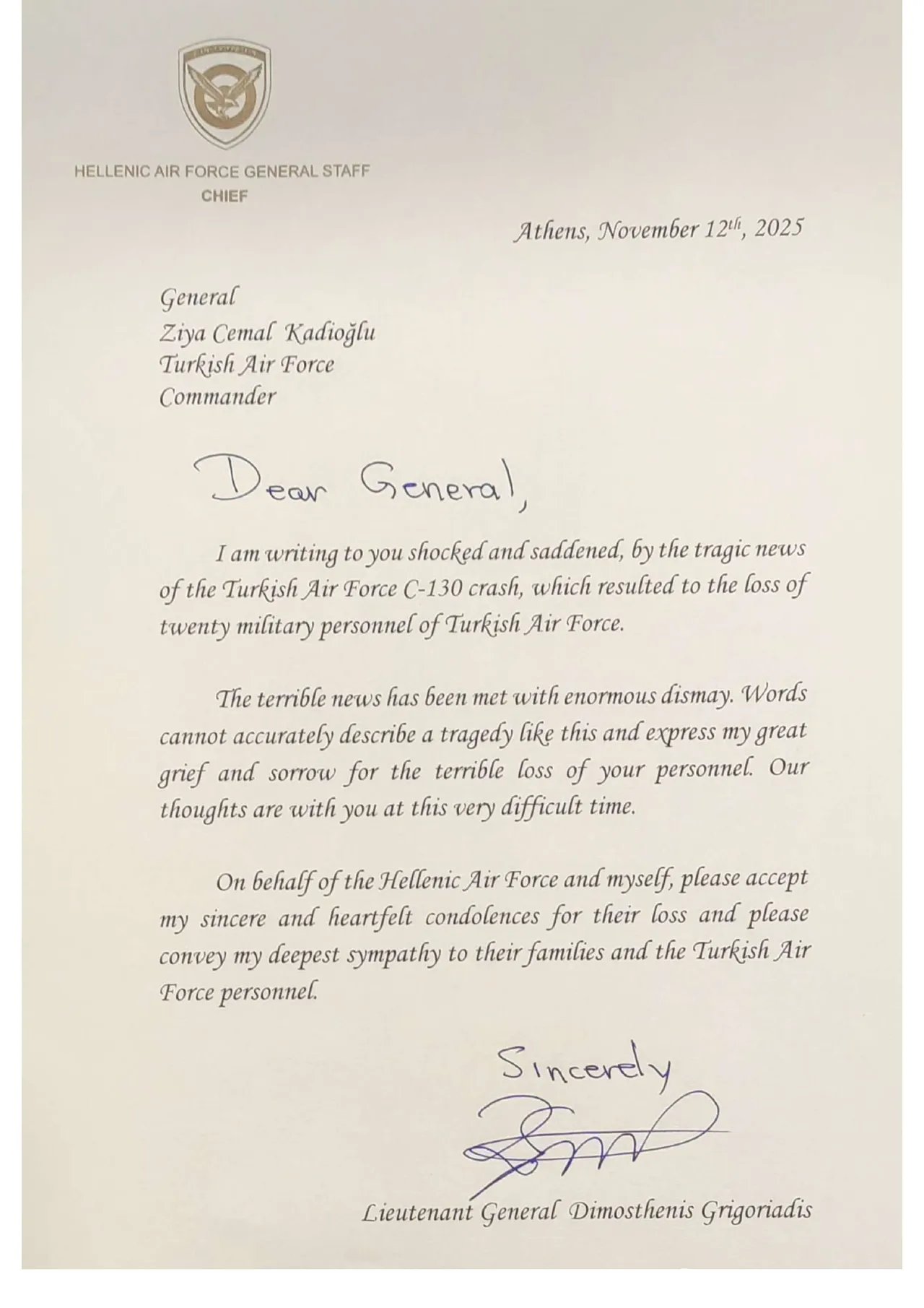 Yunanistan'ın geri adım sonrası yayımladığı başsağlığı mektubu