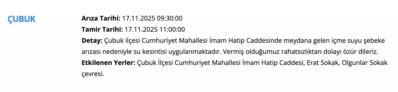 17 Kasım ASKİ su kesintisi listesi! Bugün Ankarada sular ne zaman gelecek?