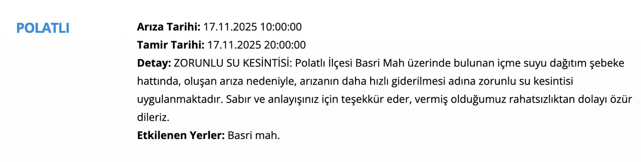 17 Kasım ASKİ su kesintisi listesi! Bugün Ankarada sular ne zaman gelecek?
