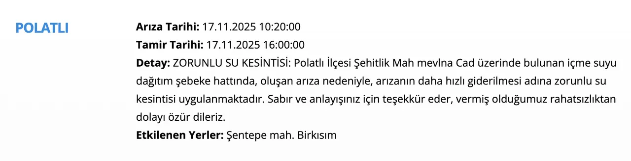 17 Kasım ASKİ su kesintisi listesi! Bugün Ankarada sular ne zaman gelecek?