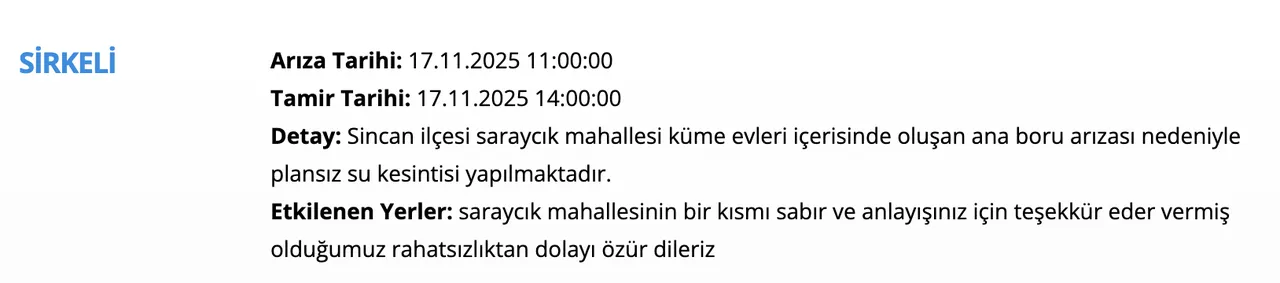 17 Kasım ASKİ su kesintisi listesi! Bugün Ankarada sular ne zaman gelecek?