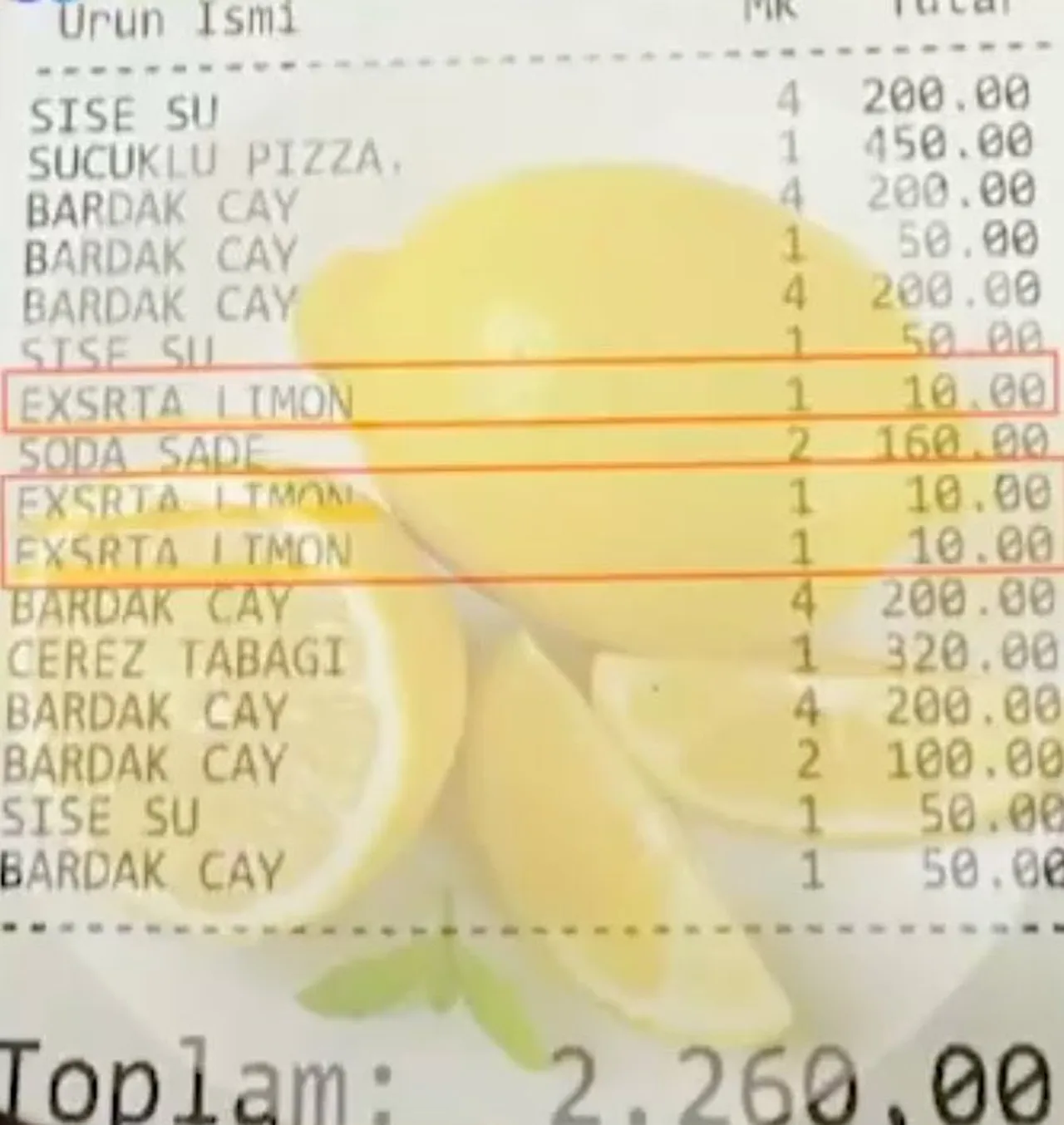 Sosyal medyada paylaşılan ve çayın yanında ekstra limon için para alındığını gösteren fiş