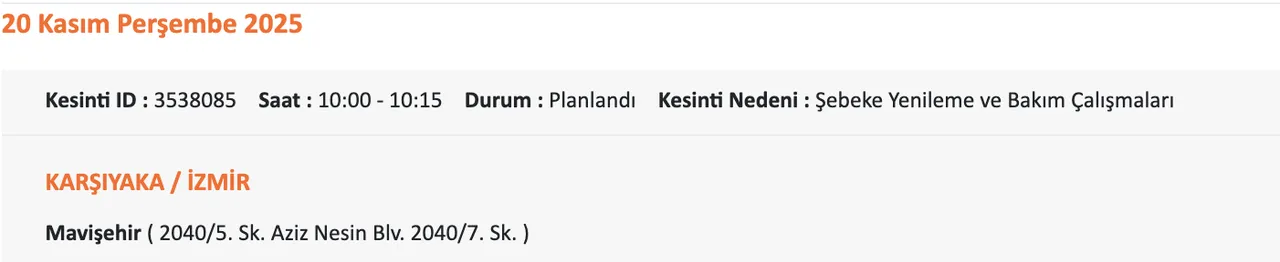 Gediz Elektrik kesintisi sorgulama! 20 Kasım Perşembe İzmirde elektrikler ne zaman gelecek?