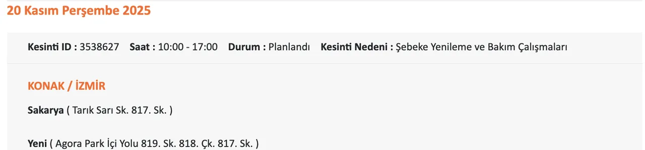 Gediz Elektrik kesintisi sorgulama! 20 Kasım Perşembe İzmirde elektrikler ne zaman gelecek?