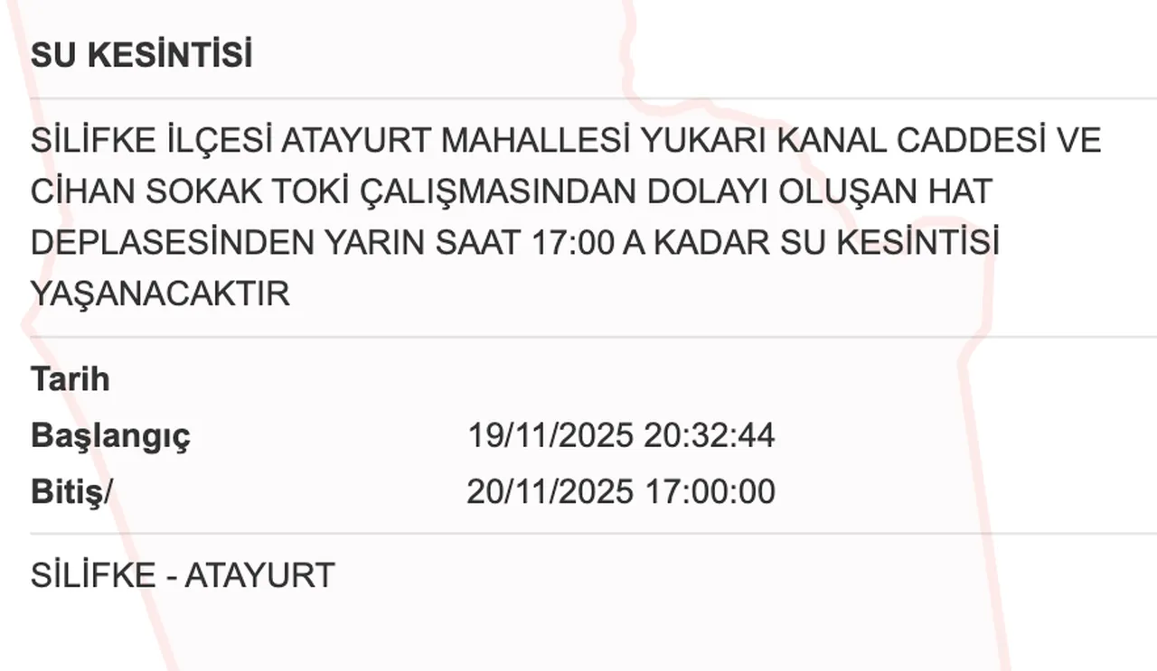 Mersin su kesintisi sorgulama! 20 Kasım Mersinde sular saat kaçta gelecek? MESKİ Toroslar, Mezitli, Anamur bitiş saati...