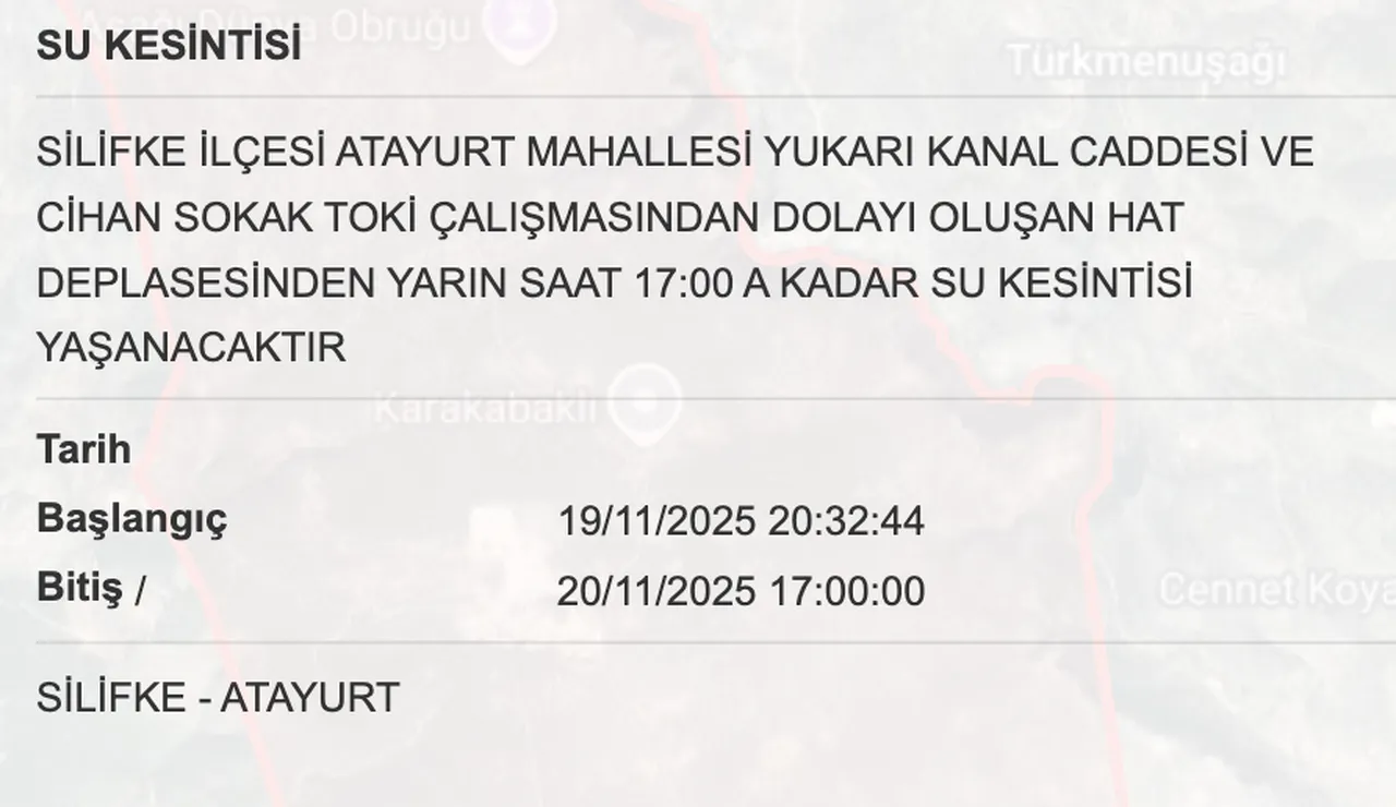 Mersin su kesintisi sorgulama! 20 Kasım Mersinde sular saat kaçta gelecek? MESKİ Toroslar, Mezitli, Anamur bitiş saati...