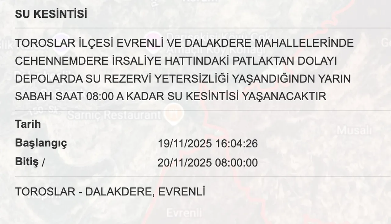 Mersin su kesintisi sorgulama! 20 Kasım Mersinde sular saat kaçta gelecek? MESKİ Toroslar, Mezitli, Anamur bitiş saati...
