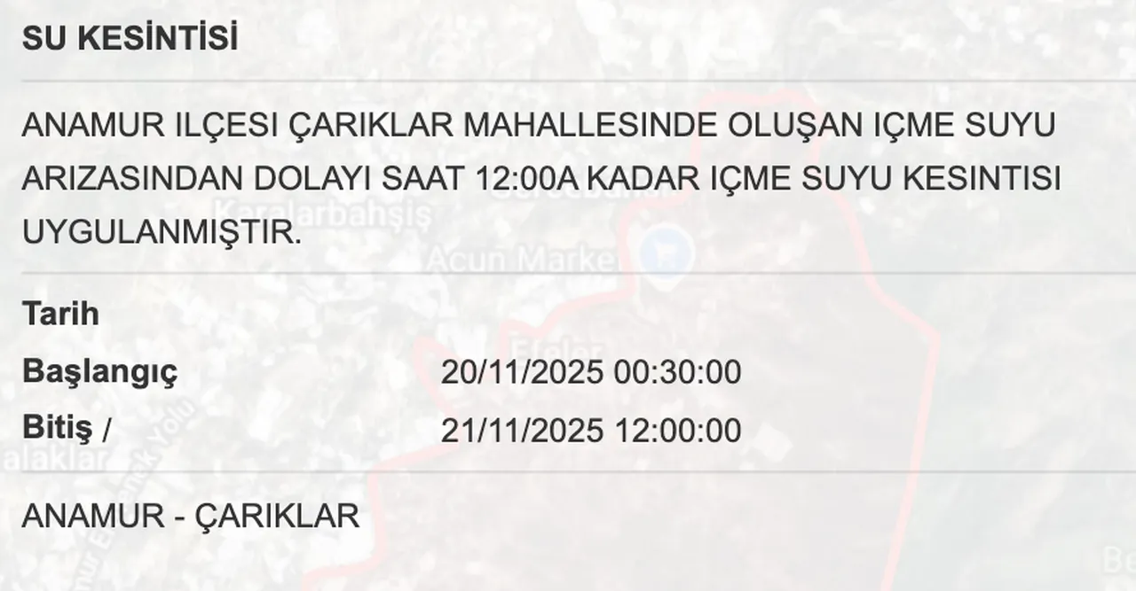 Mersin su kesintisi sorgulama! 20 Kasım Mersinde sular saat kaçta gelecek? MESKİ Toroslar, Mezitli, Anamur bitiş saati...