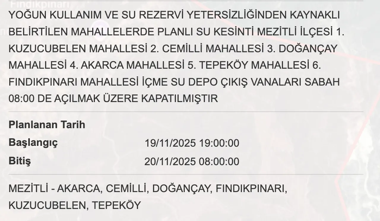 Mersin su kesintisi sorgulama! 20 Kasım Mersinde sular saat kaçta gelecek? MESKİ Toroslar, Mezitli, Anamur bitiş saati...