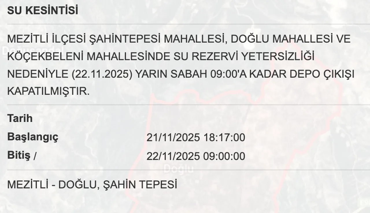 22 Kasım Mersin su kesintisi bitiş saatleri! MESKİ duyurdu, sular ne zaman gelecek?