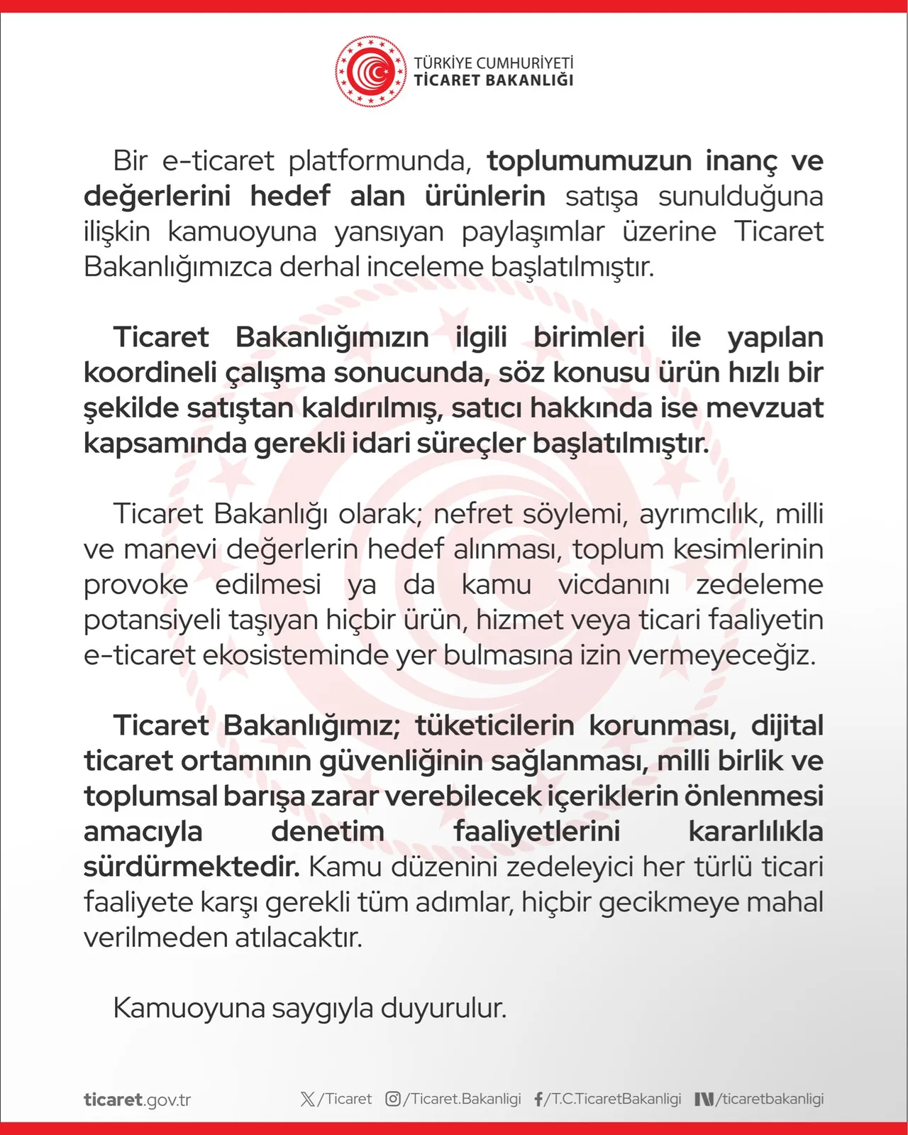 Ticaret Bakanlığı'nın açıklaması