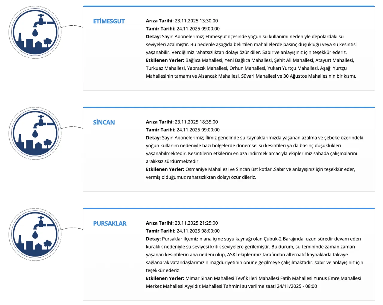 Ankara su kesintisi 24 Kasım! Ankarada sular ne zaman gelecek, ASKİ kesinti saat kaçta bitecek?