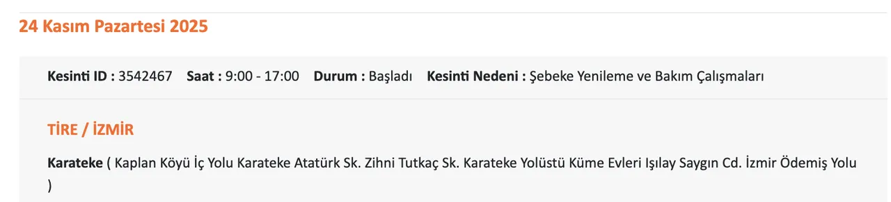 Gediz Elektrik kesintisi sorgulama!  24 Kasım İzmirde elektrikler ne zaman gelecek?
