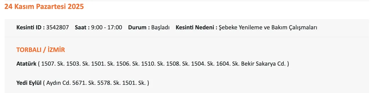 Gediz Elektrik kesintisi sorgulama!  24 Kasım İzmirde elektrikler ne zaman gelecek?