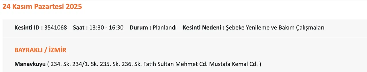 Gediz Elektrik kesintisi sorgulama!  24 Kasım İzmirde elektrikler ne zaman gelecek?