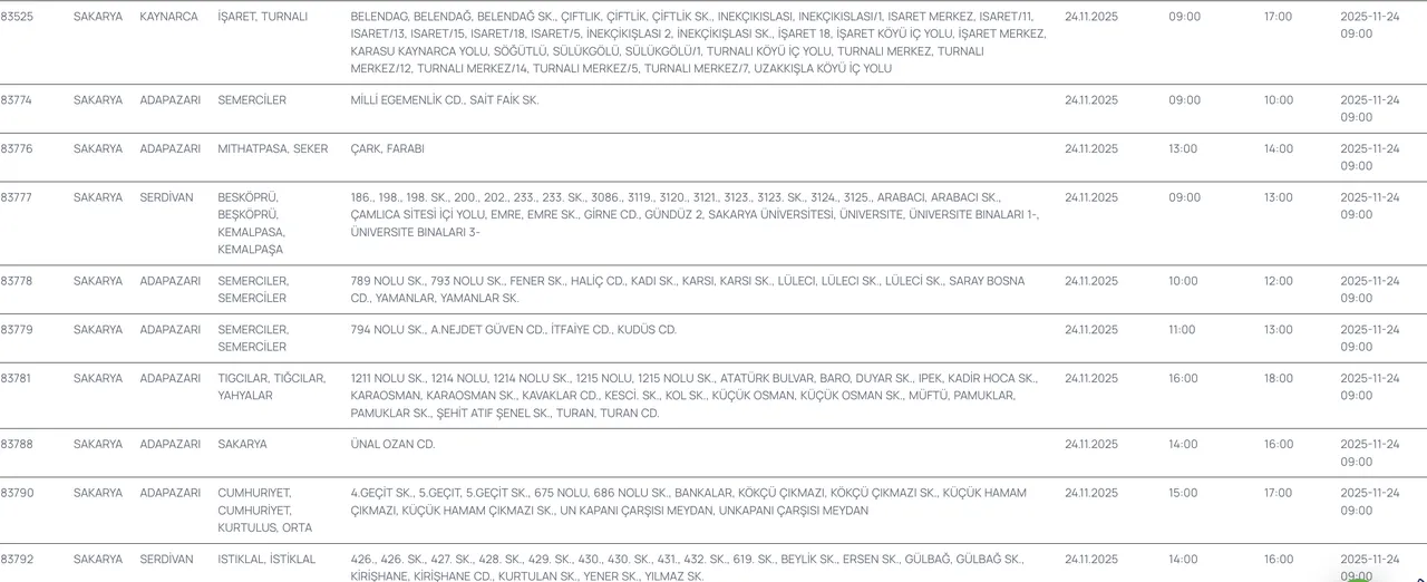 SEDAŞ elektrik kesintisi: 24 Kasım Sakaryada elektrikler ne zaman gelecek?