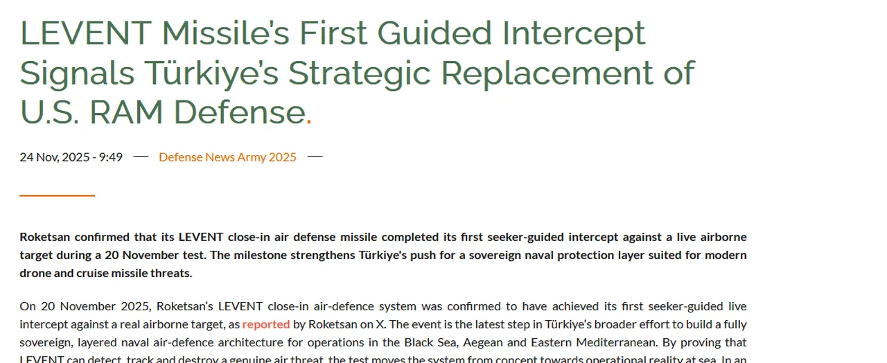 LEVENT Yakın Hava Savunma Füze Sistemi ROKETSAN tarafından milli imkânlarla geliştirilmektedir. Deniz Kuvvetleri bünyesindeki gemilere karşı tehdit oluşturabilecek insanlı ve insansız hava unsurlarını, gemisavar füzelerini vurarak durduracak yakın hava savunma ve kendini koruma sistemi (CIWS) olarak tasarlanmakta.