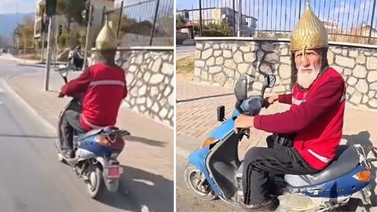 Kask yerine miğfer ile trafiğe çıkan Hasan dedenin videoları viral oldu