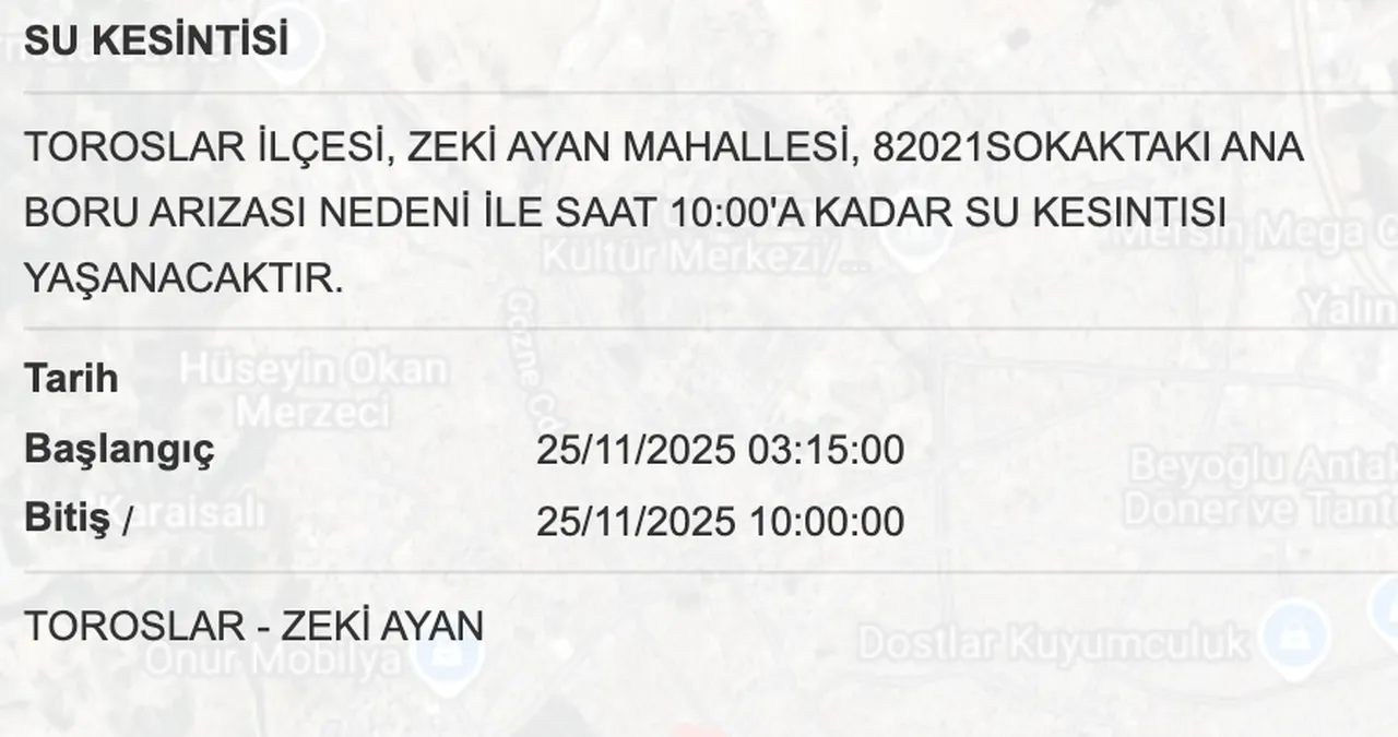 MESKİ su kesinti listesi: 25 Kasım Mersinde sular ne zaman, saat kaçta gelecek? Toroslar...