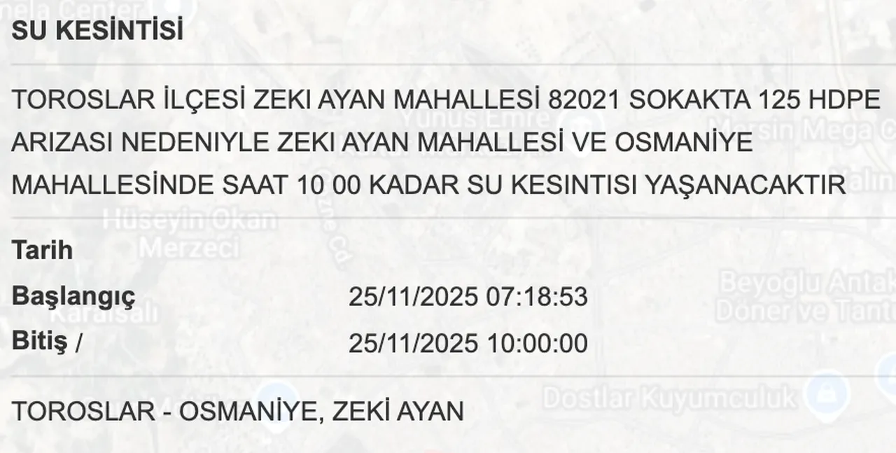 MESKİ su kesinti listesi: 25 Kasım Mersinde sular ne zaman, saat kaçta gelecek? Toroslar...