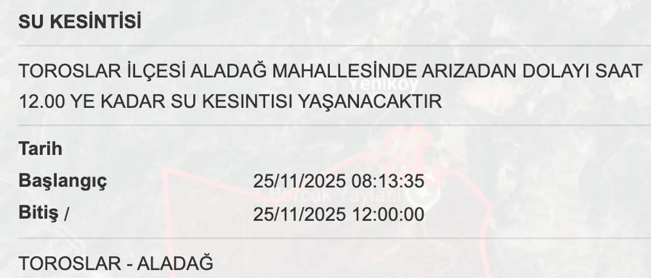 MESKİ su kesinti listesi: 25 Kasım Mersinde sular ne zaman, saat kaçta gelecek? Toroslar...