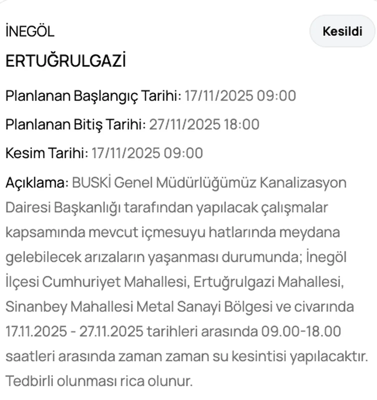 Son dakika BUSKİ su kesintisi sorgulama1 25 Kasım Bursada sular ne zaman gelecek?