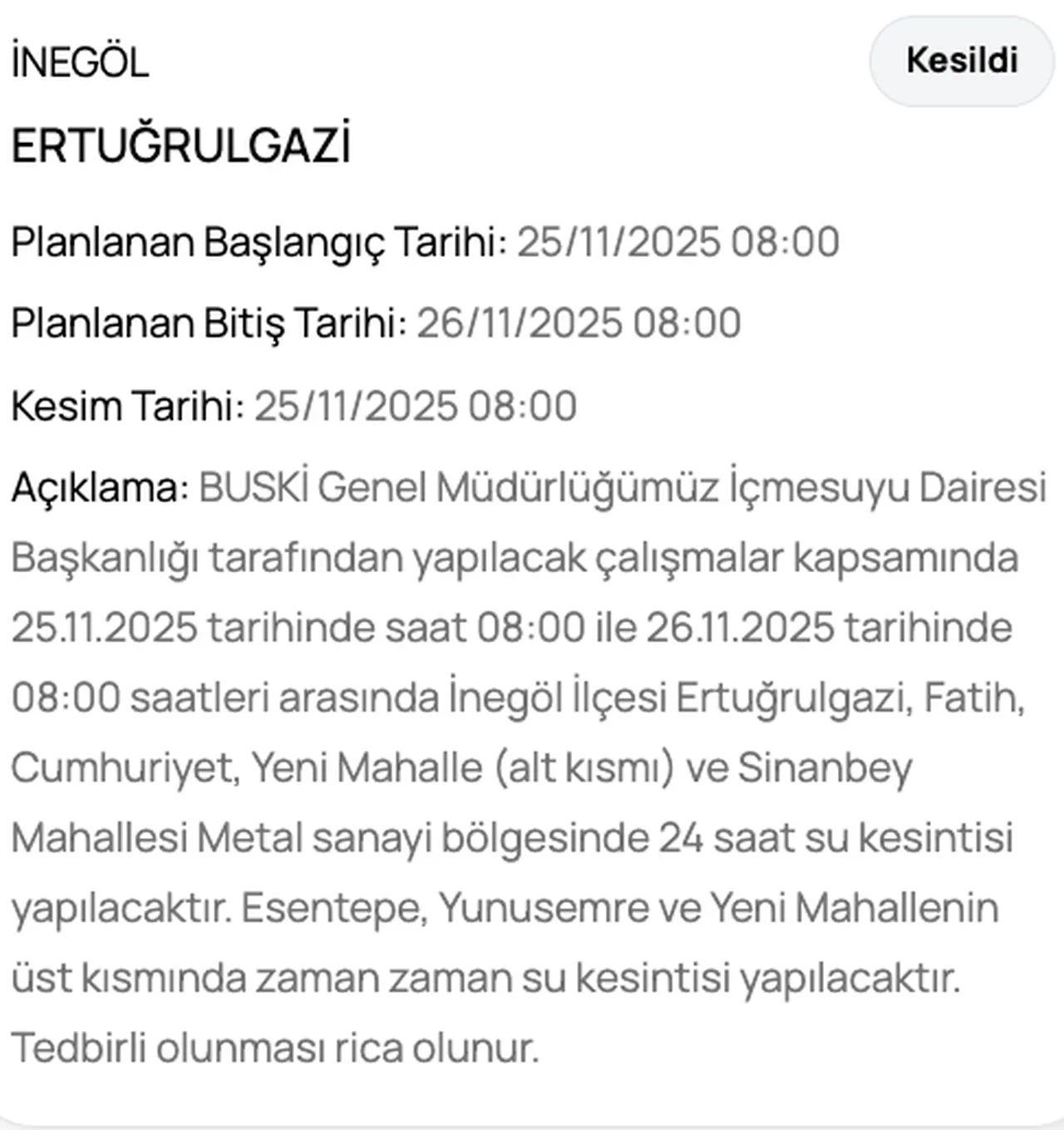 Son dakika BUSKİ su kesintisi sorgulama1 25 Kasım Bursada sular ne zaman gelecek?