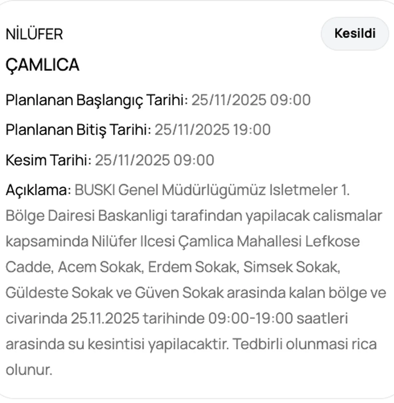 Son dakika BUSKİ su kesintisi sorgulama1 25 Kasım Bursada sular ne zaman gelecek?