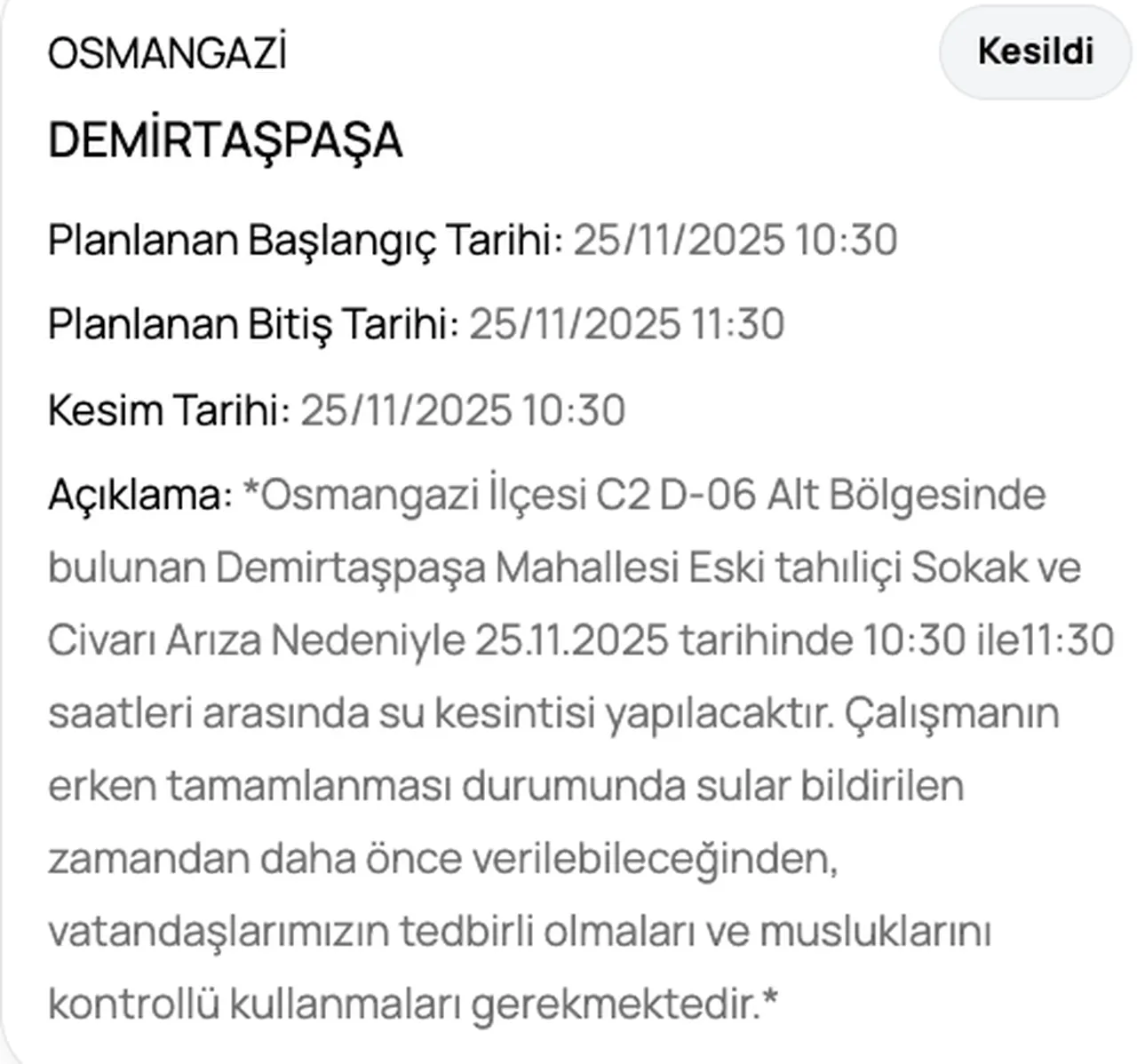 Son dakika BUSKİ su kesintisi sorgulama1 25 Kasım Bursada sular ne zaman gelecek?