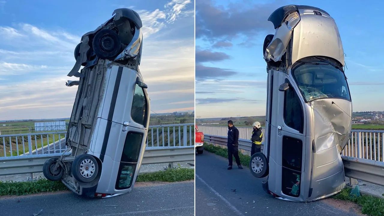 Tekirdağ'da ilginç kaza! Bariyere çarpan araç dik durdu, 2 kişi yaralandı
