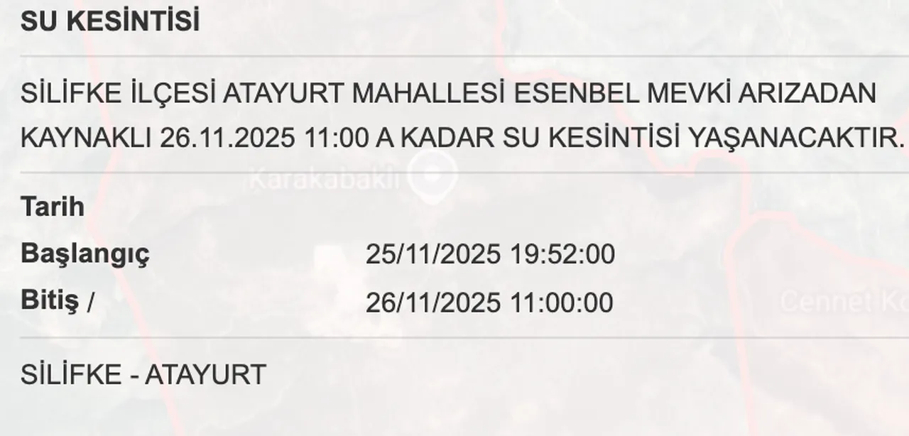 26 Kasım MESKİ su kesintisi programı: Son dakika Silifke, Tarsusta sular ne zaman gelecek?
