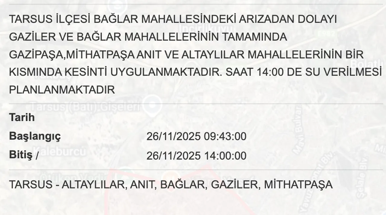 26 Kasım MESKİ su kesintisi programı: Son dakika Silifke, Tarsusta sular ne zaman gelecek?