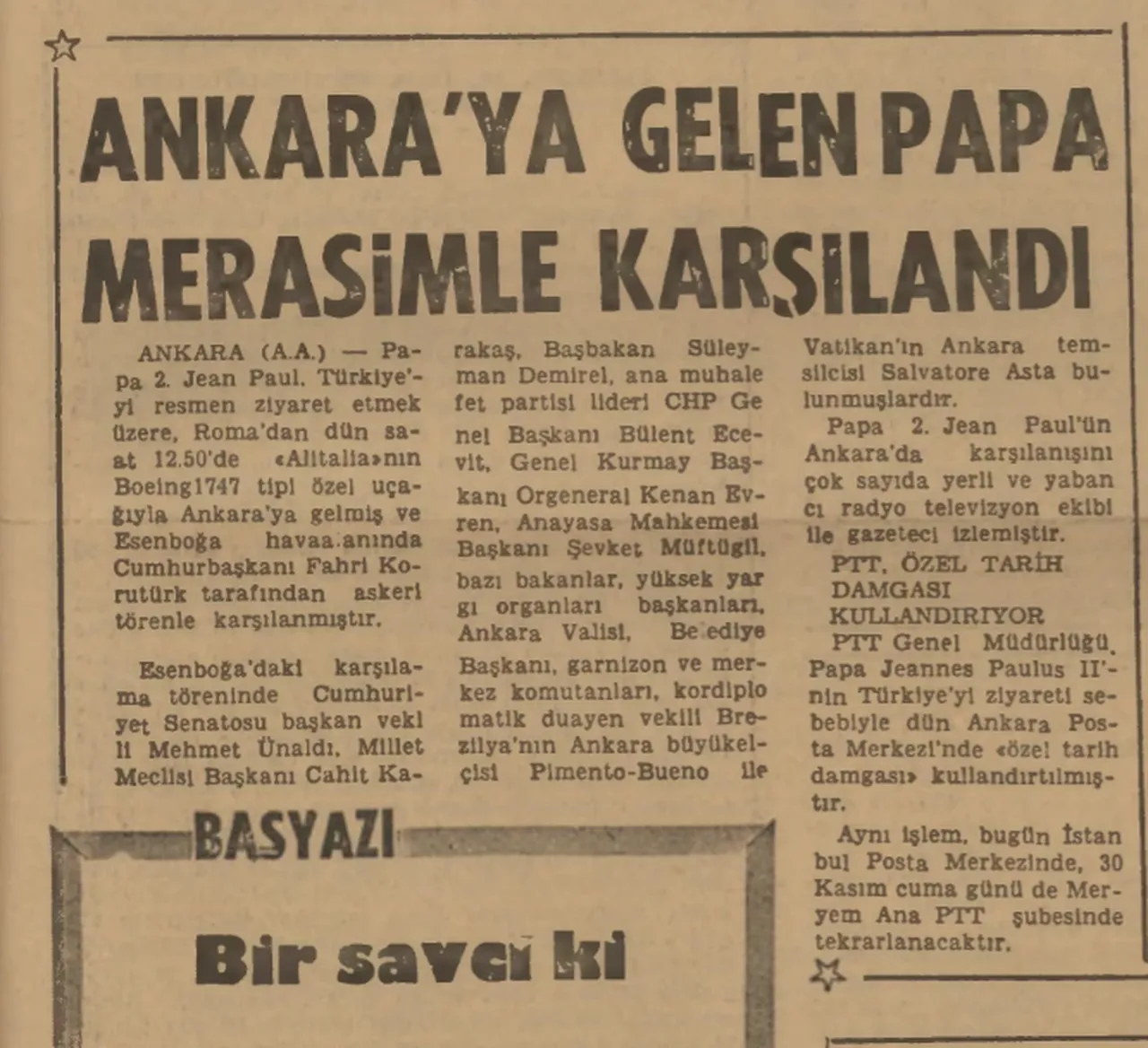 1979 tarihindeki Papa Paul ziyareti - Türkiye gazetesi