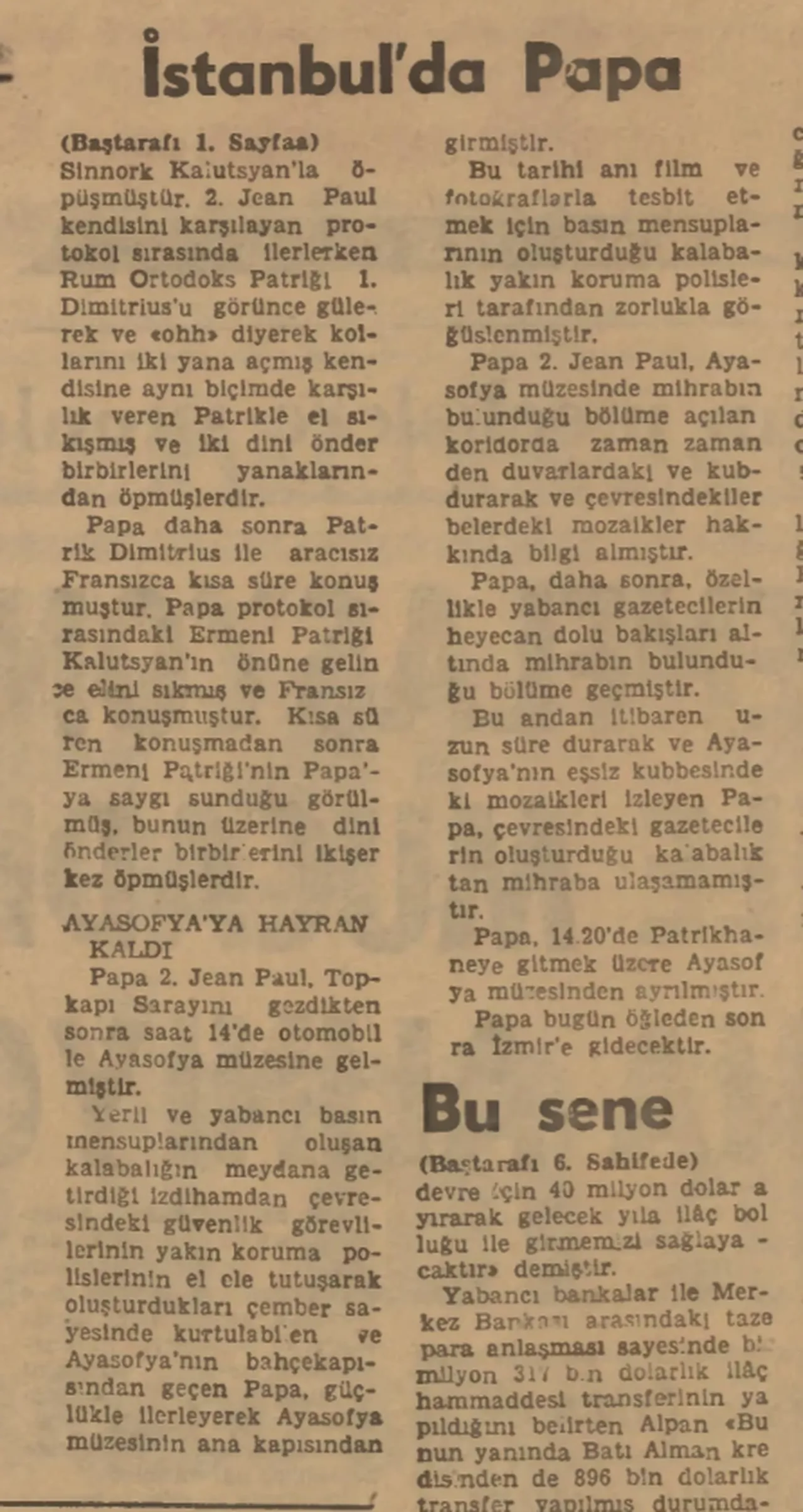 30 Kasım 1979 tarihindeki Papa Paul Ayasofya ziyareti - Türkiye gazetesi