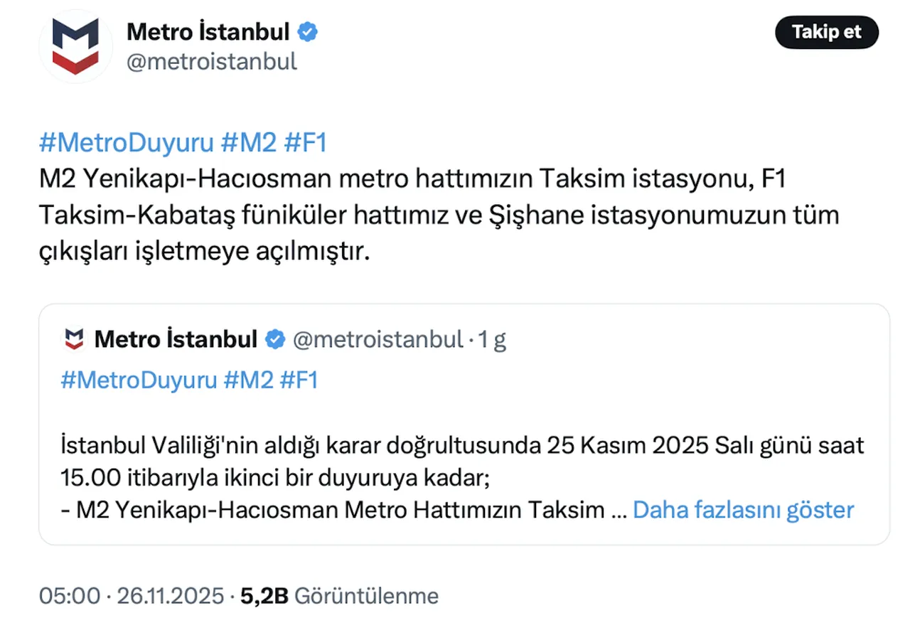 Taksim metrosu açık mı? 26 Kasım Çarşamba M2 Yenikapı-Hacıosman metro hattı için açıklama geldi!