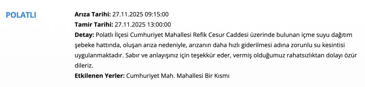27 Kasım ASKİ su kesintisi sorgulama ekranı! Ankarada sular ne zaman gelecek?