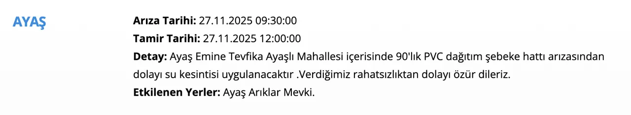 27 Kasım ASKİ su kesintisi sorgulama ekranı! Ankarada sular ne zaman gelecek?
