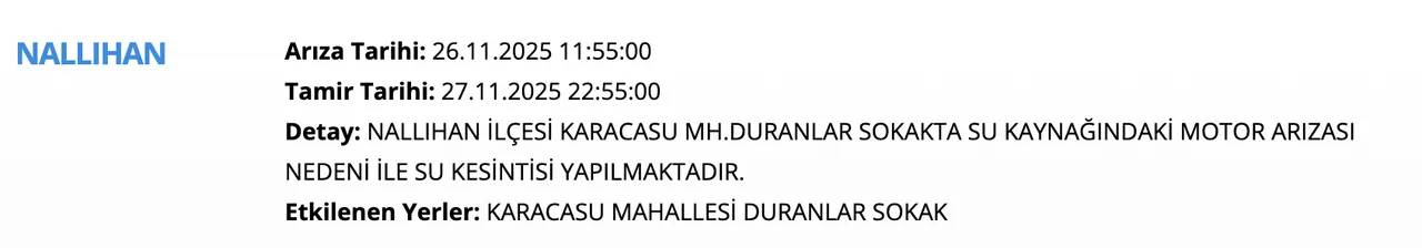 27 Kasım ASKİ su kesintisi sorgulama ekranı! Ankarada sular ne zaman gelecek?