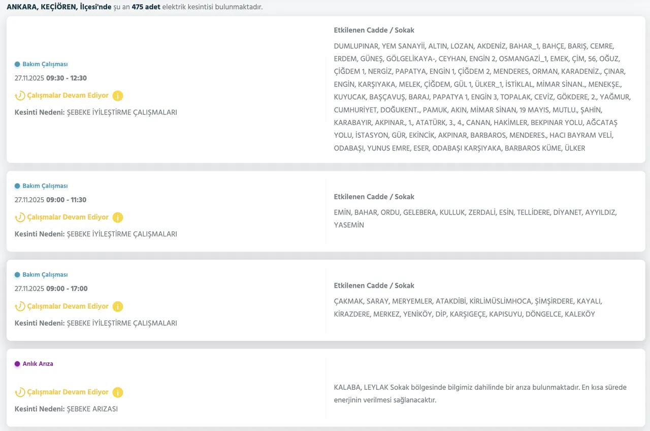 27 Kasım Keçiören elektrik kesintisi sorgulama! Başkent EDAŞ duyurdu, elektrikler ne zaman gelecek?