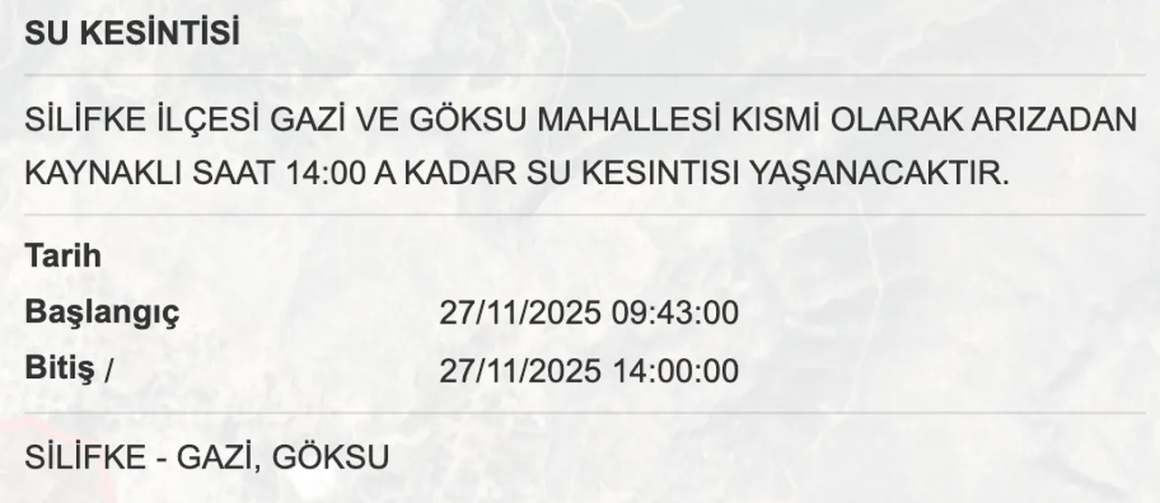 MESKİ su kesintisi: 27 Kasım Mersinde sular ne zaman gelecek?