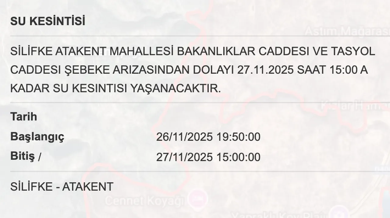 MESKİ su kesintisi: 27 Kasım Mersinde sular ne zaman gelecek?