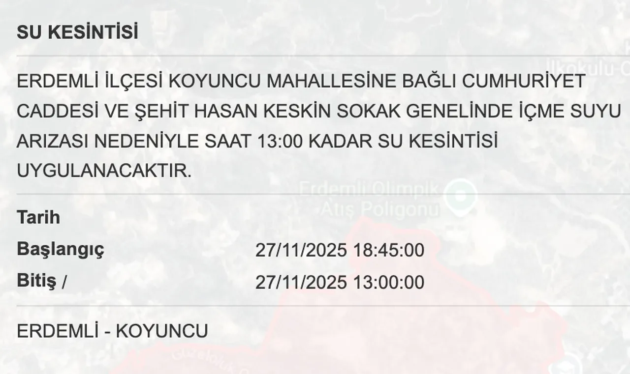 MESKİ su kesintisi: 27 Kasım Mersinde sular ne zaman gelecek?