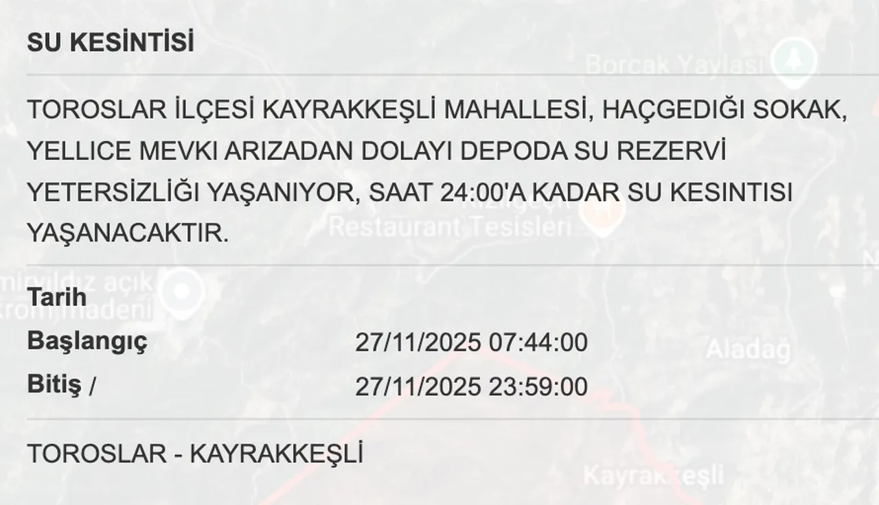 MESKİ su kesintisi: 27 Kasım Mersinde sular ne zaman gelecek?