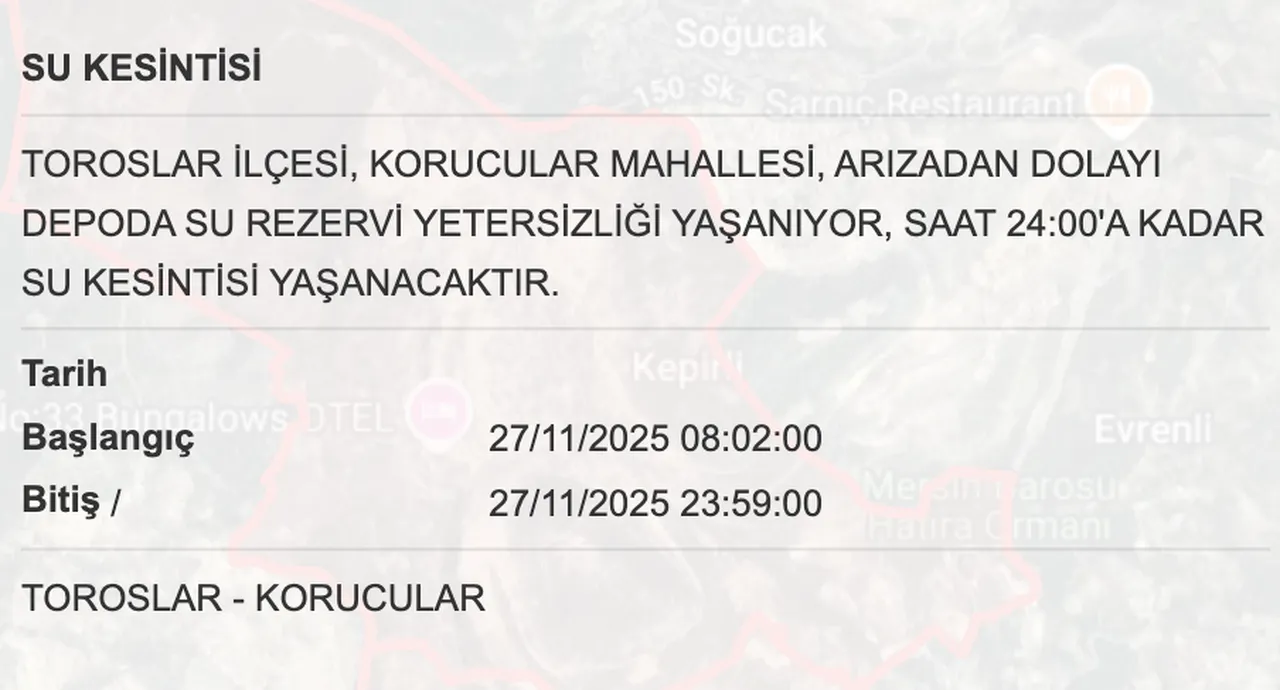 MESKİ su kesintisi: 27 Kasım Mersinde sular ne zaman gelecek?