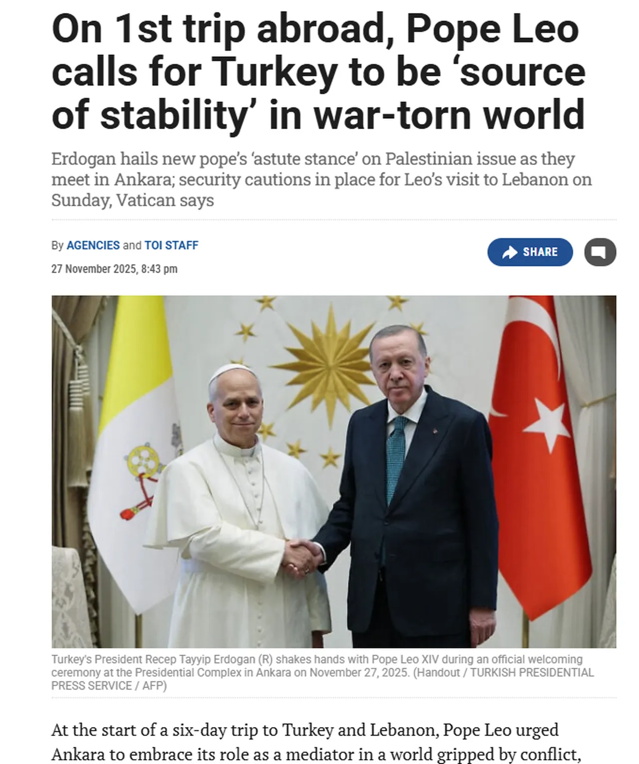 Papa Leo ile Cumhurbaşkanı Erdoğan görüşmesi dünya basınında: Türkiye bölgedeki istikrar için çok önemli