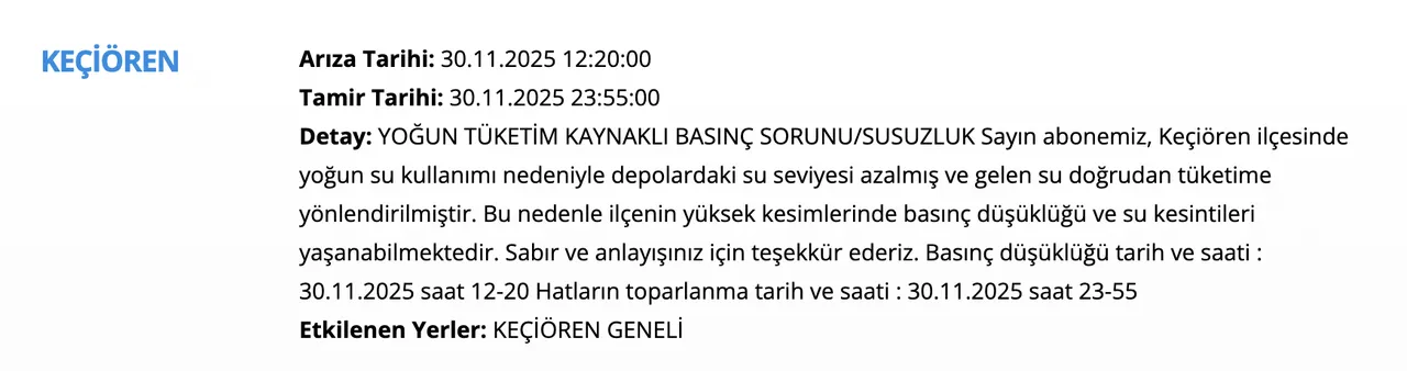 Ankara su kesintisi sorgulama ekranı! 30 Kasım Aralıkta sular ne zaman gelecek, saat kaçta?