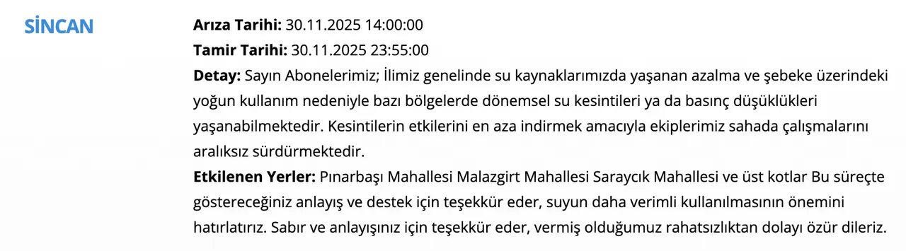 Ankara su kesintisi sorgulama ekranı! 30 Kasım Aralıkta sular ne zaman gelecek, saat kaçta?
