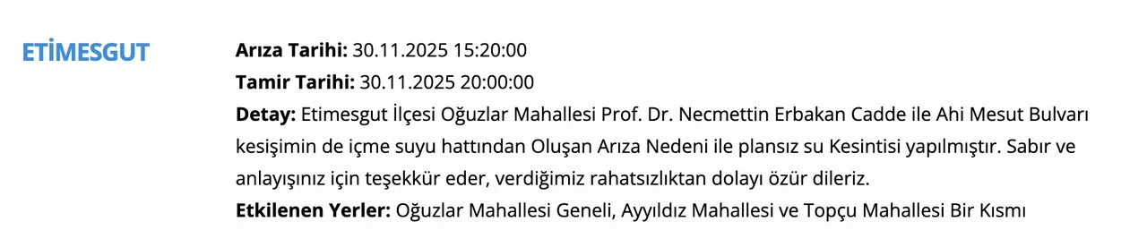 Ankara su kesintisi sorgulama ekranı! 30 Kasım Aralıkta sular ne zaman gelecek, saat kaçta?