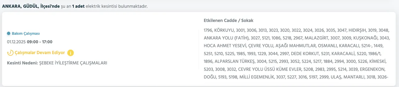 1 Aralık Ankara elektrik kesintisi! Ankarada elektrikler ne zaman, saat gelecek?