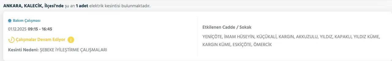1 Aralık Ankara elektrik kesintisi! Ankarada elektrikler ne zaman, saat gelecek?